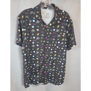 Buc-ees Hawaiian Shirt Mens Small Black AOP UFO Space Ships Planets Button Up